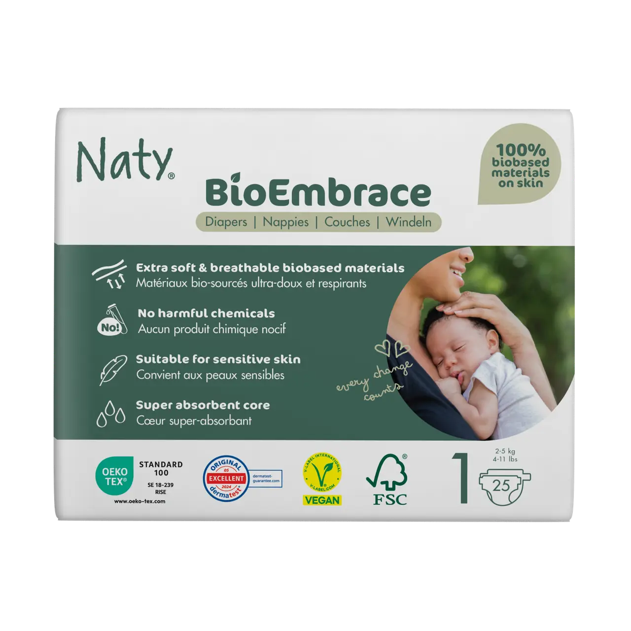 Одноразові дитячі підгузки BioEmbrace "NATY". Розмір 1 (2-5 кг.), 25шт.