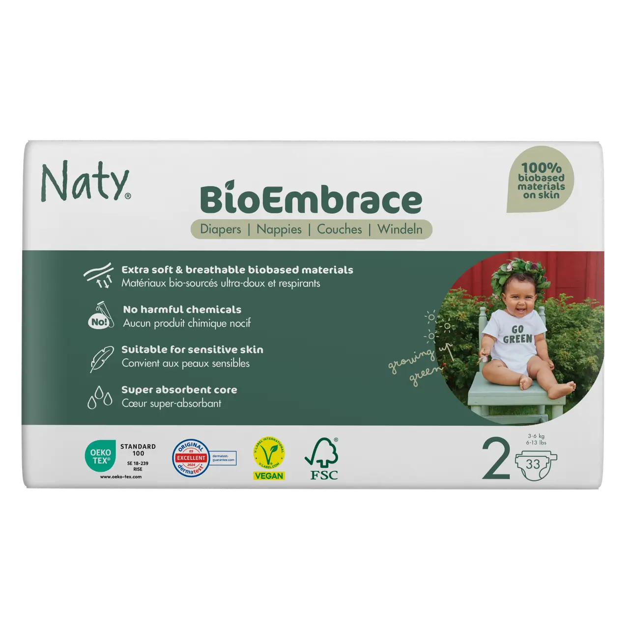 Одноразові дитячі підгузки BioEmbrace "NATY". Розмір 2 (3-6 кг.), 33 шт.