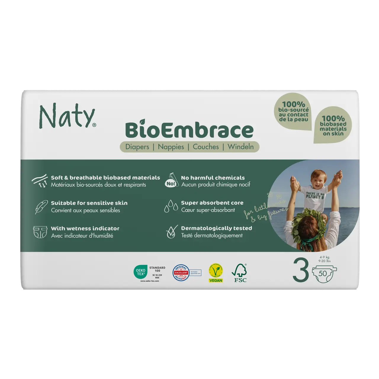 Одноразові дитячі підгузки BioEmbrace "NATY". Розмір 3 (4-9 кг.), 50 шт.