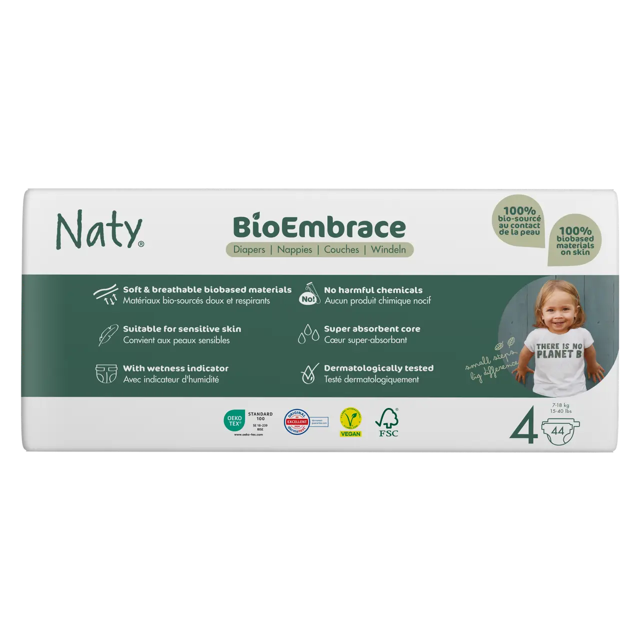 Одноразові дитячі підгузки BioEmbrace "NATY". Розмір 4 (7-18 кг.), 44 шт.