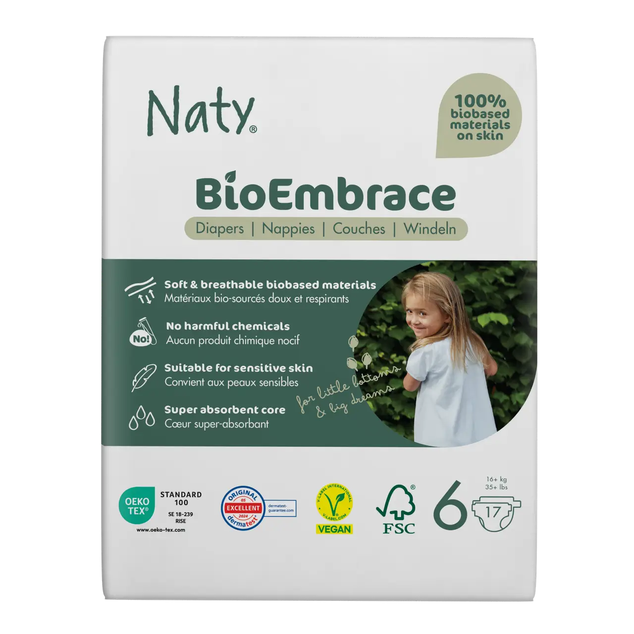 Одноразові дитячі підгузки BioEmbrace "NATY". Розмір 6 (16+ кг.), 17 шт.