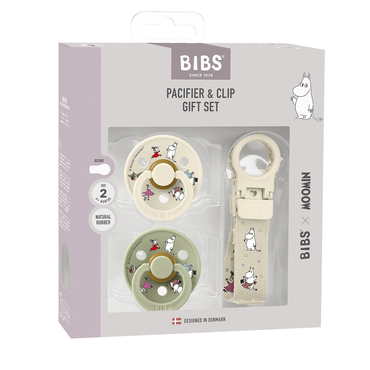 Подарунковий набір пустушки та тримач для соски Bibs x Moomins Colour Pacifier & Loop Clip Gift Set Latex – Ivory/Sage