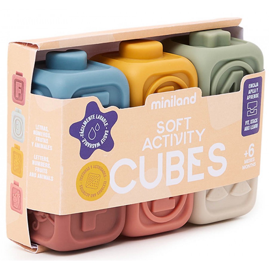 Розвивальні м’які кубики Miniland 6 шт — для сенсорики, моторики та гри, 0+